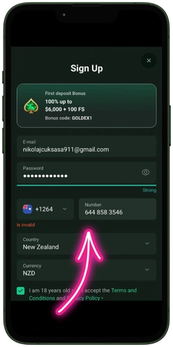 Entering mobile number and NZD currency in Goldex Casino registration