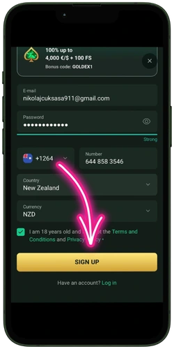 Confirming terms and pressing Sign Up button at Goldex Casino NZ