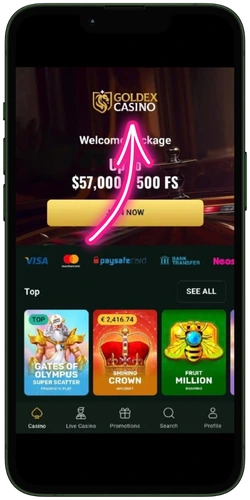 Goldex Casino NZ mobile homepage with welcome package banner