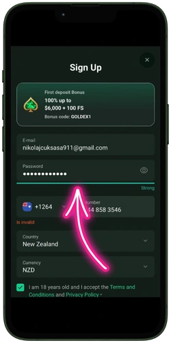 Creating a strong password in the Goldex Casino sign up form