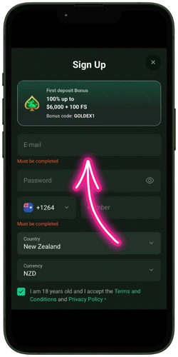 Sign Up form at Goldex Casino with email and password fields